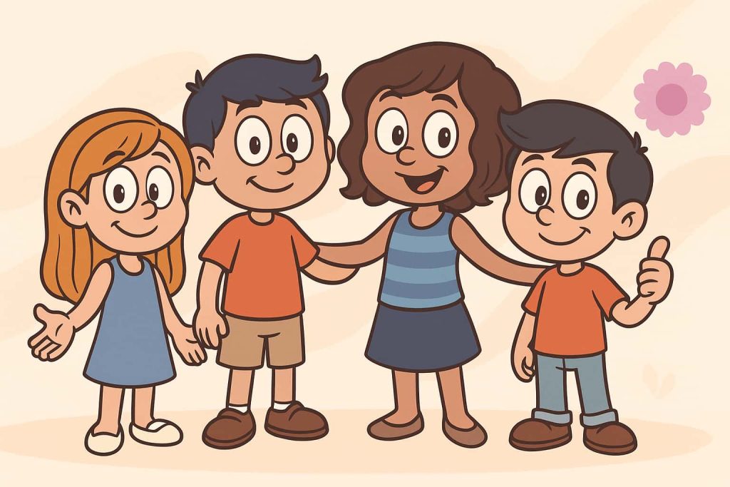 Cartoon illustration of smiling children, used for an article about choosing child care in Lonsdale, North Vancouver.